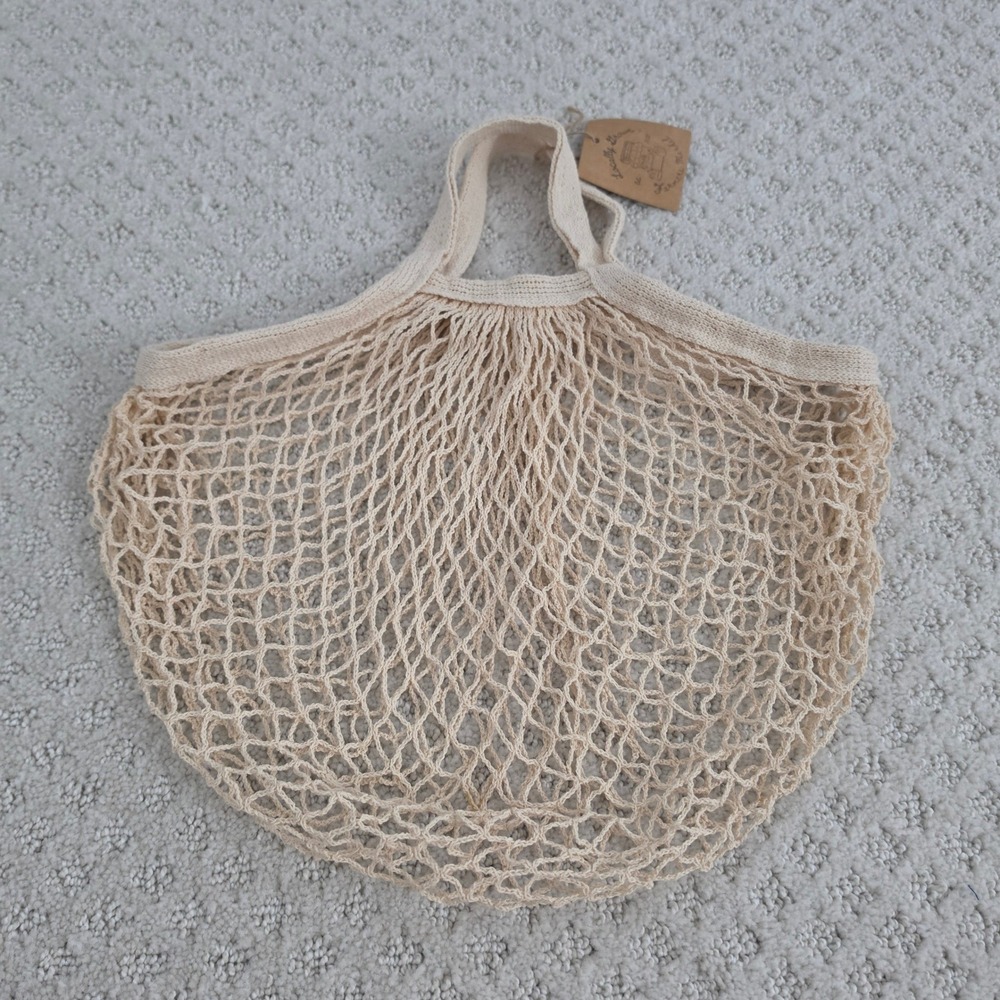 Locally Grown Farmers Market Cream Mesh Net Reusable Grocery Tote Bag NWT